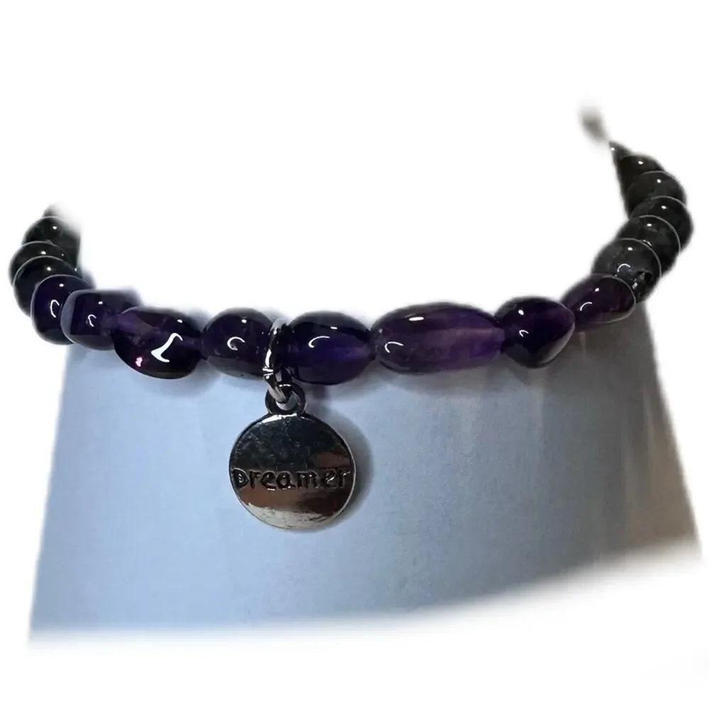 Labradorite Amethyst stretch bracelet Dreamer charm beads gemstone 7 inch